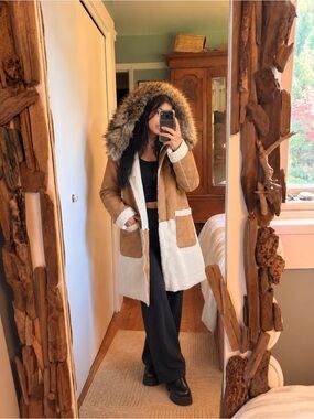 Primark Faux Shearling Hooded Coat Brown & Cream